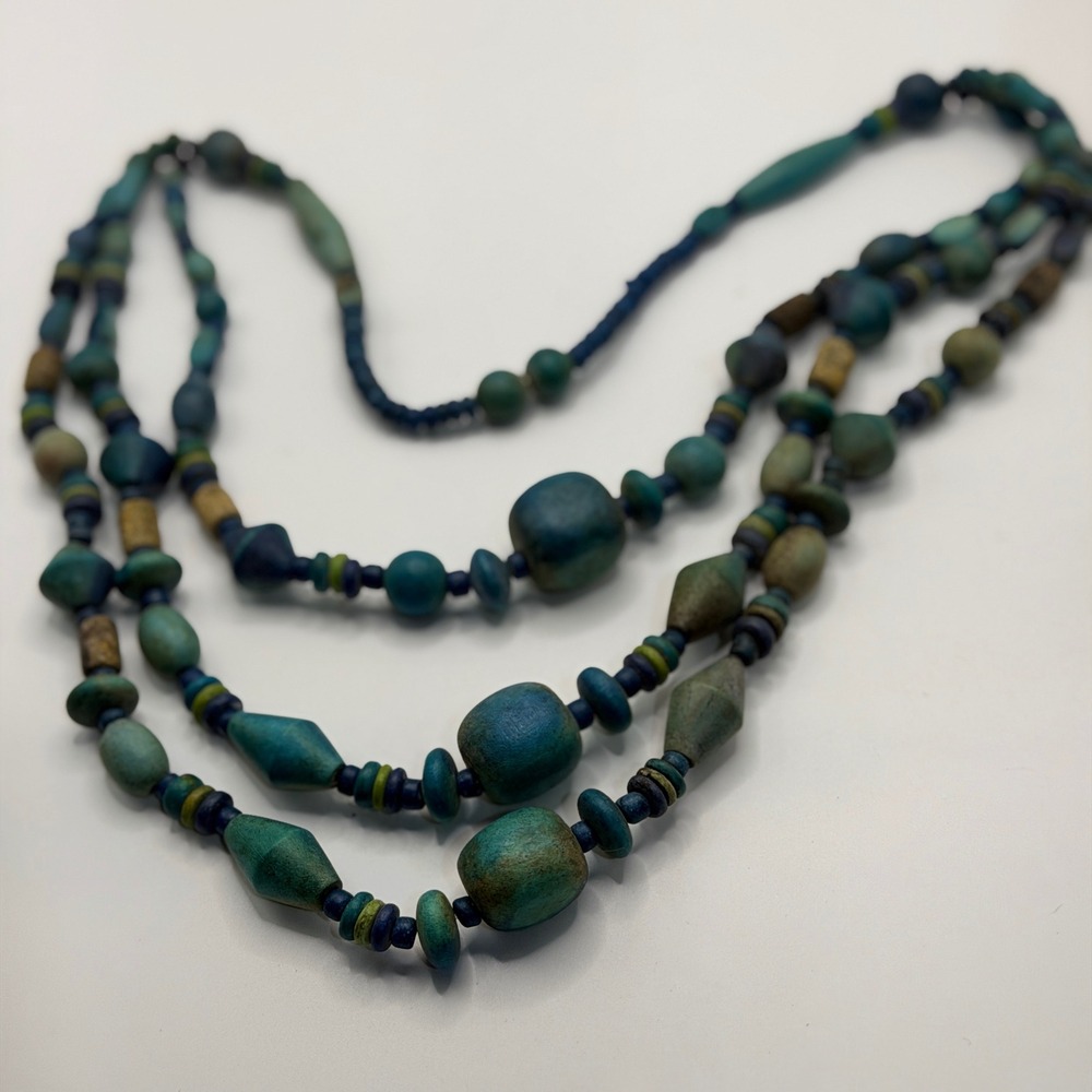 Vintage Multi Strand Wood Bead Necklace Blue Green Teal Boho Geometric Statement - Picture 11 of 16